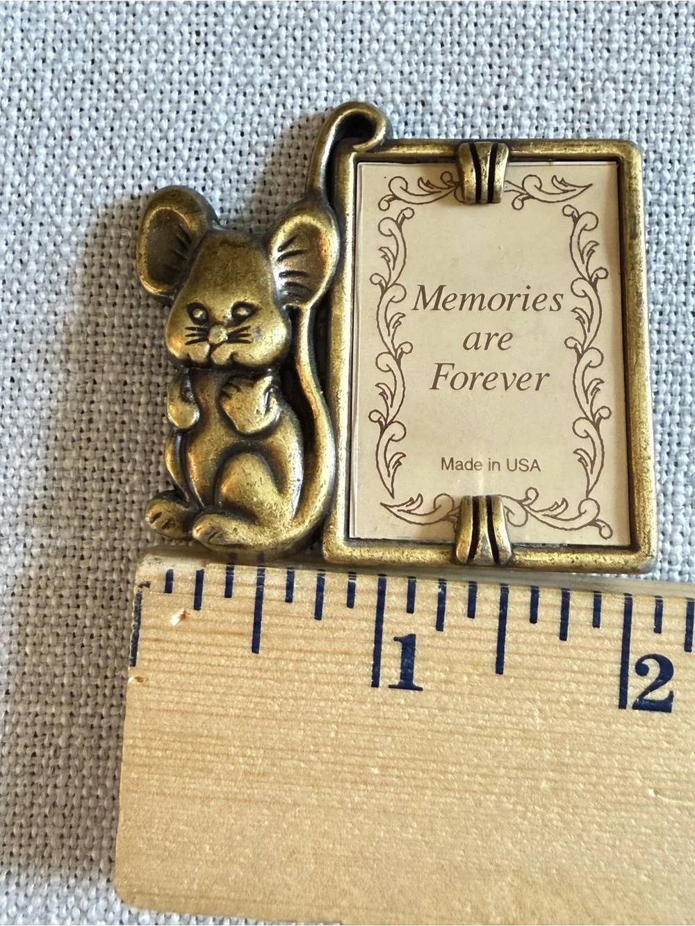 Vintage Miniature  Molded Brass Picture Frame 2.0”x2.25 with Cute Mouse